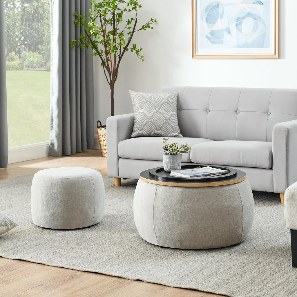 2-Piece Set Round Chenille Storage Ottoman, Equipped with a Drum Shaped Small Stool, Storage Space, and MDF Made Desktop Panel (Light Grey, 25"x25"x14.7")