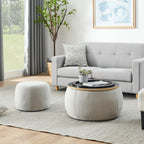 2-Piece Set Round Chenille Storage Ottoman, Equipped with a Drum Shaped Small Stool, Storage Space, and MDF Made Desktop Panel (Light Grey, 25"x25"x14.7")