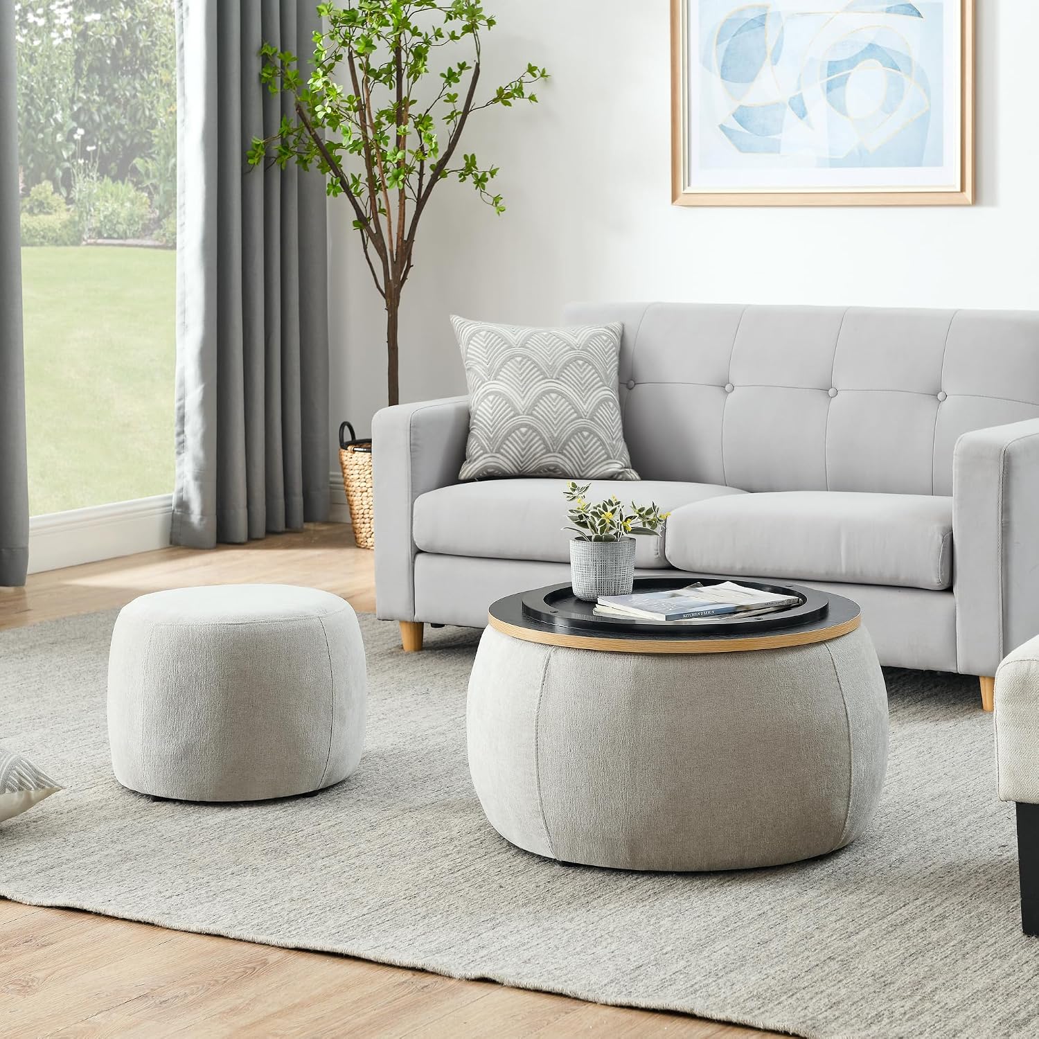 2-Piece Set Round Chenille Storage Ottoman, Equipped with a Drum Shaped Small Stool, Storage Space, and MDF Made Desktop Panel (Light Grey, 25"x25"x14.7")