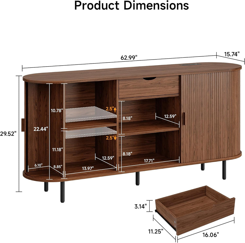 ONBRILL 63'' Fluted Sideboard Buffet Cabinet with Storage, Large Credenza Storage Cabinet with Drawers, Mid Century Modern Buffet Table Accent Console Cabinet for Kitchen Living Room Enrtyway, Walnut