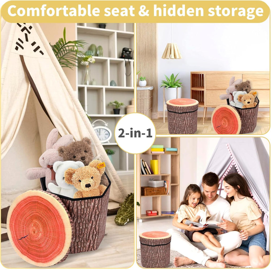 Round Storage Ottoman Cube, Tree Stump Stool, Forest Decor, Multifunctional Toy Storage Box, Cute Foldable Ottoman Stool, Tree Stump Footstool Ottoman, 11inch