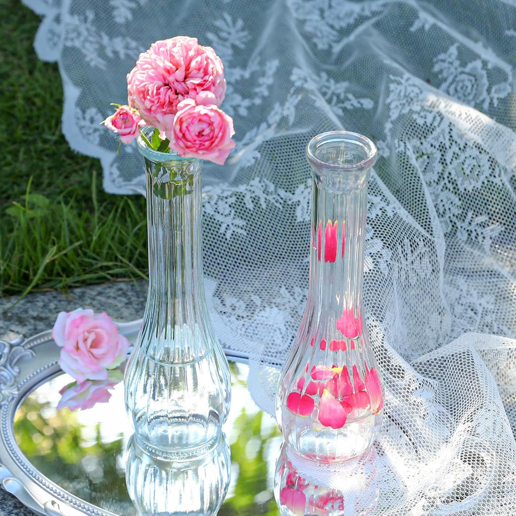 Glass Bud Vases for Centerpiece,12 Pcs Small Clear Ribbed Flower Vases for Weddings, Parties, Home Decor (8.5" Tall, Bulk Set) - Minimalist Table Vase for Roses, Pampas Grass, DIY Arrangements