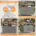 FUQARHY 43.3-Inch Solid Wood Outdoor Kitchen Island with Storage Cabinet, Grill Table with Stainless Steel Top, Outdoor Cooking Prep Station with Lockable Wheels for Backyard, Patio, Party (Gray)