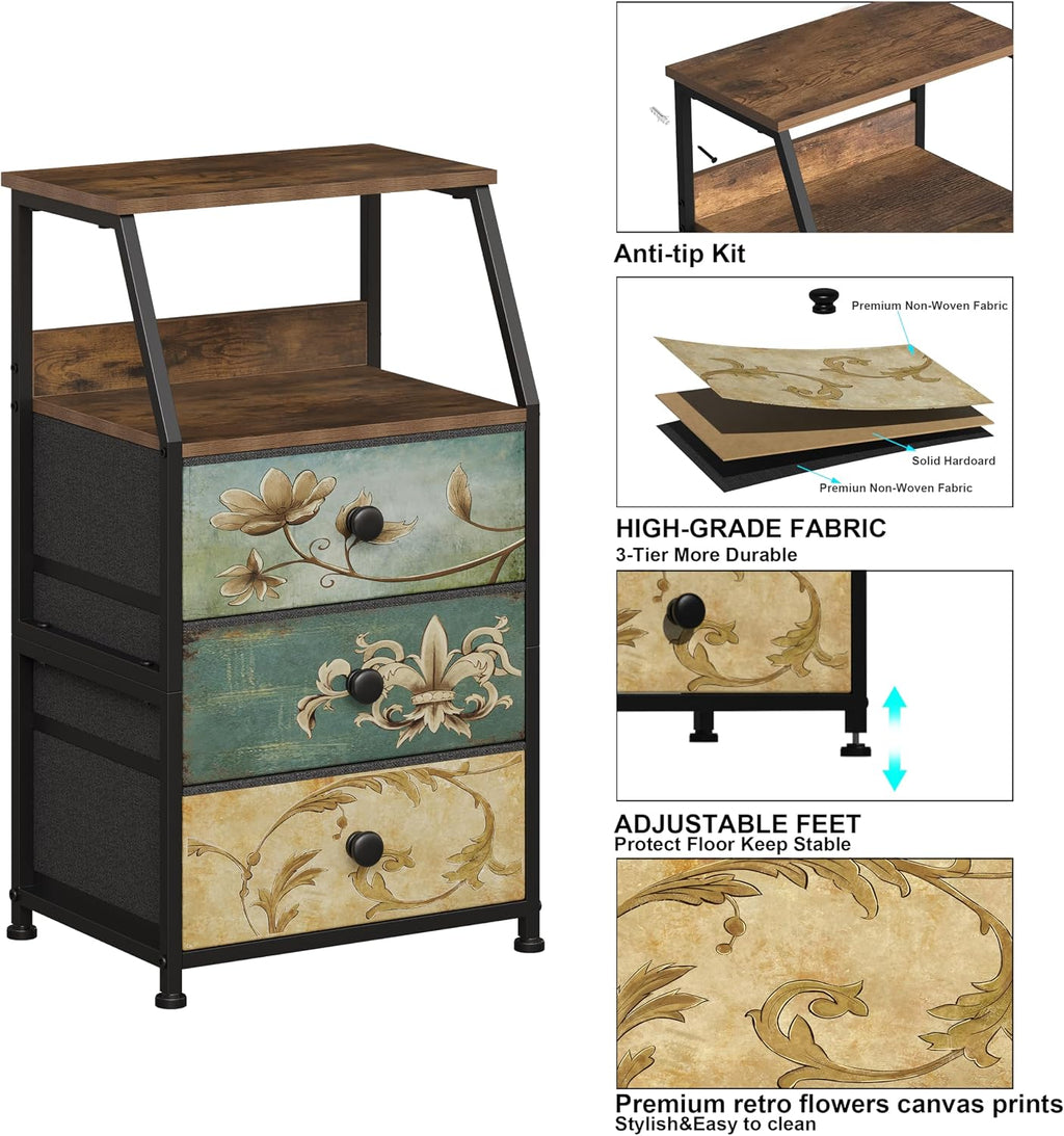 Tohomeor Dresser with Fabric Drawers Nightstand with 2 Tier Shelf Storage Tower for Bedroom Hallway Entryway Closet Organizer Sofa Beside Table Furniture (Multi, 3 Drawers)