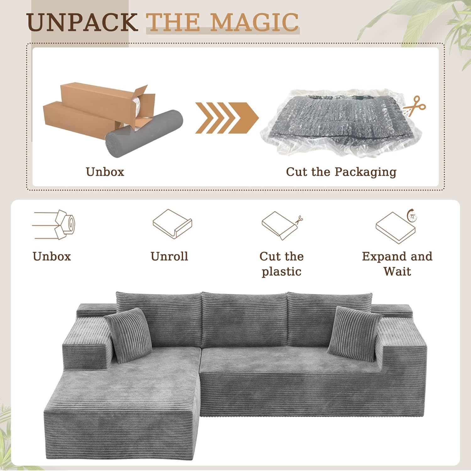 YESHOMY Boneless Couches for Living Room, 108" Sectional Modular Sectional Sofa with Deep Seat, Cloud Comfy Couch with L-Shape Chaise, Easy Assembly (Corduroy, Gray)