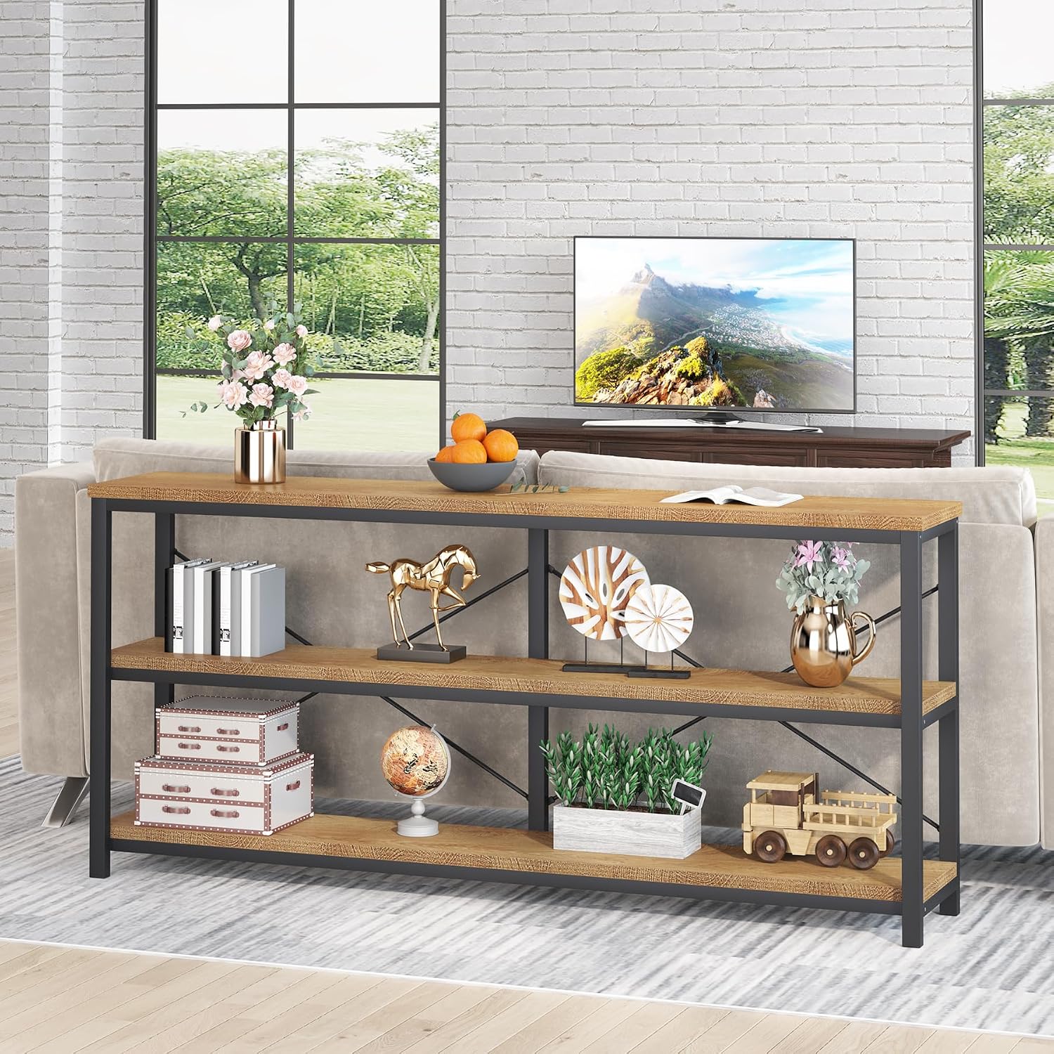 Tribesigns 71" Sofa Tables,Extra Long Couch Table, Narrow Long Console Table, Entryway Table,Sofa Table with 3 Tiers Storage Shelves (Light Brown)
