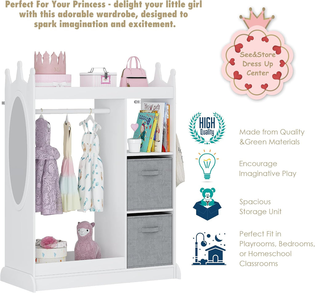 UTEX Kids Dress up Storage with Crown-Shaped Design and 2 Fabric Bins | See and Store Kids Wardrobe, Toddler Dress Up Rack, Open Hanging Armoire Closet, Water-based Paint, Princess Style