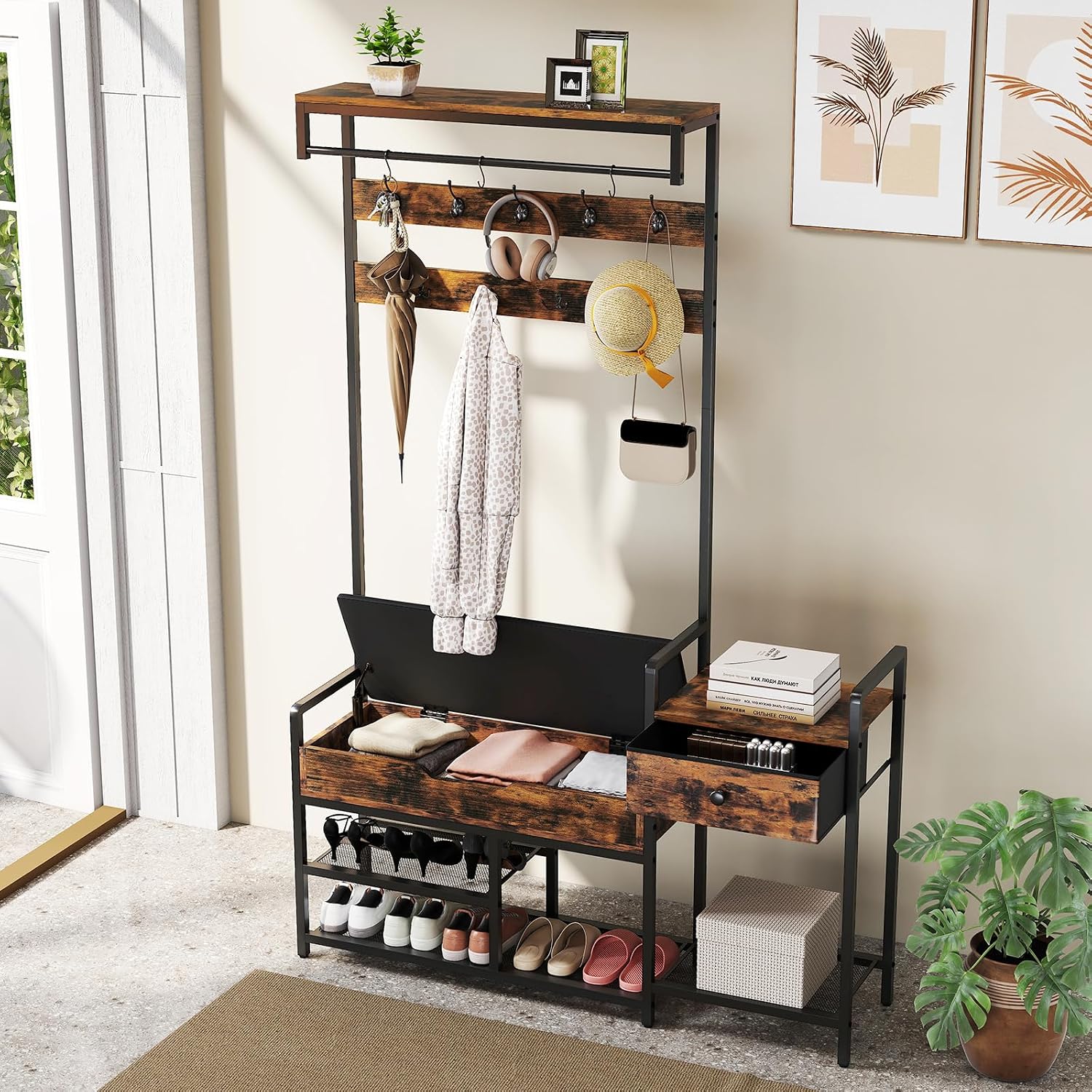 Tangkula Hall Tree with Bench and Shoe Storage, Industrial Coat Rack with Shoe Storage, 12 Hooks & Drawer, Multifunctional Shoe Rack with Cushioned Seat & Hanging Rod for Entryway, Bedroom, Hallway