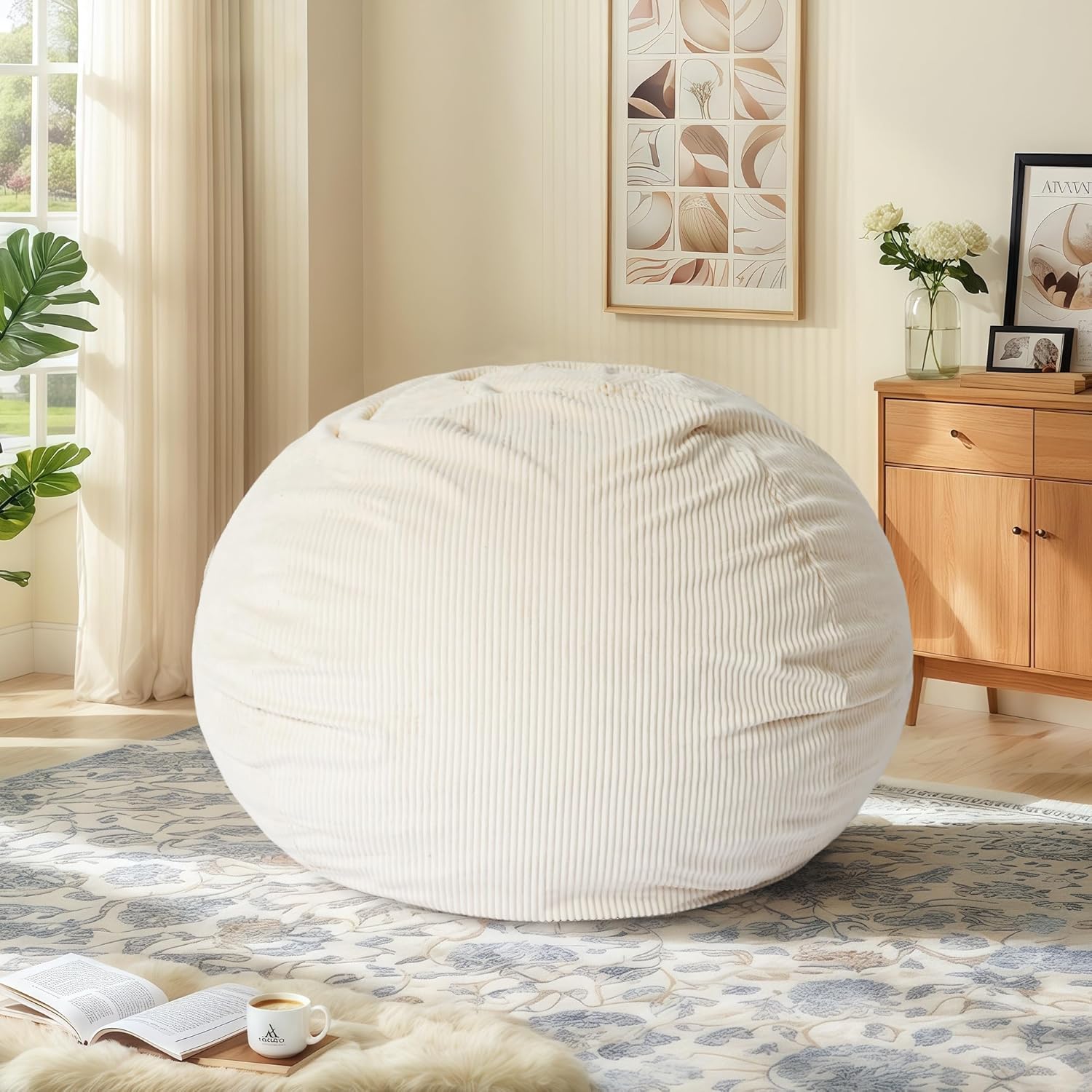 CangLong Extra Large Bean Bag Chair for Adults - 5 ft Giant Lounger, Removable Youth-Protected Cover & Locking Zipper, Round Corduroy Sofa for Living Room, Bedroom & Gaming,Beige