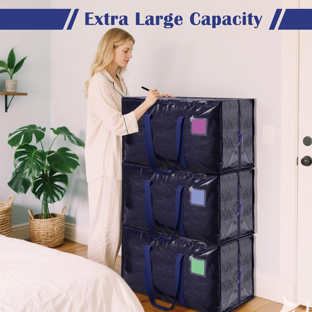 6 Pack Moving Bags Heavy Duty 210GSM with Full-Open Side Zipper, 93L 220lbs Waterproof Foldable Storage Totes for College Dorm Move-In, Moving Boxes Alternative & Home Organization, Blue