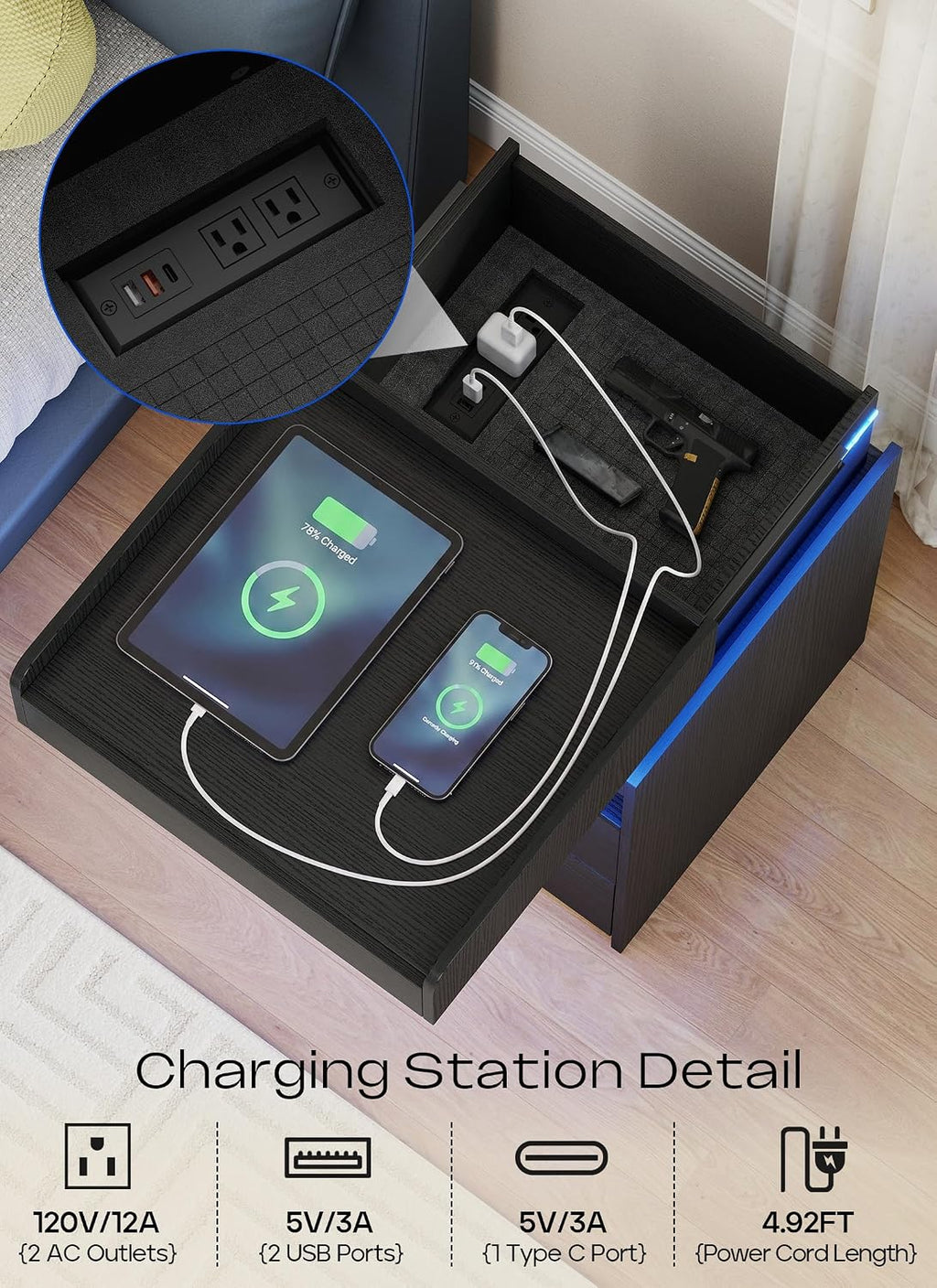 Turosur Black Nightstands Set of 2 with Charging Station and LED Lights, Modern Beside Table with USB and Type-C Port for Bedroom