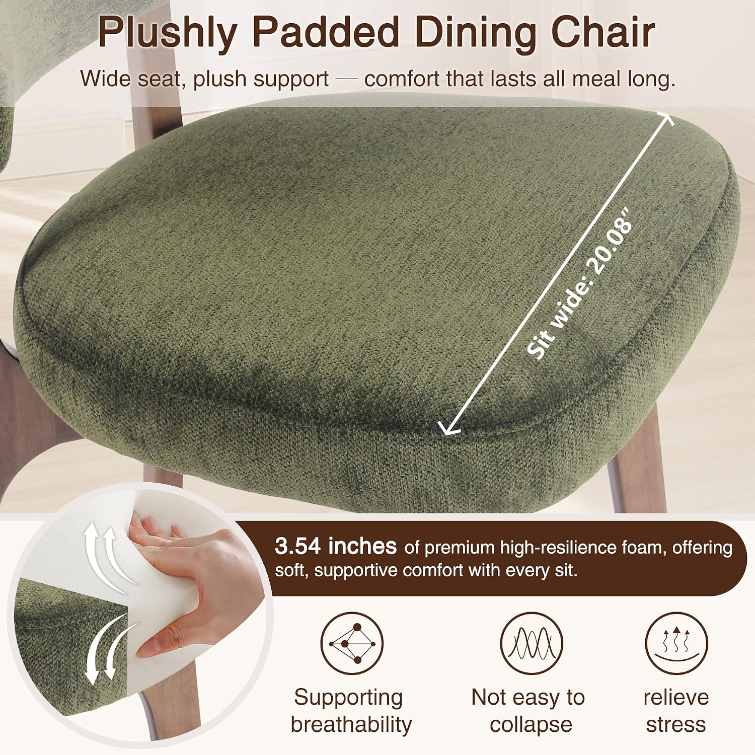 YOUNIKE Wooden Dining Chair, Chenille Fabric Upholstered Dining Room Chair Kitchen Side Chair, Farmhouse Dinner Chair with Solid Wood Legs for Kitchen Dining Vanity, Green (Single Pack)