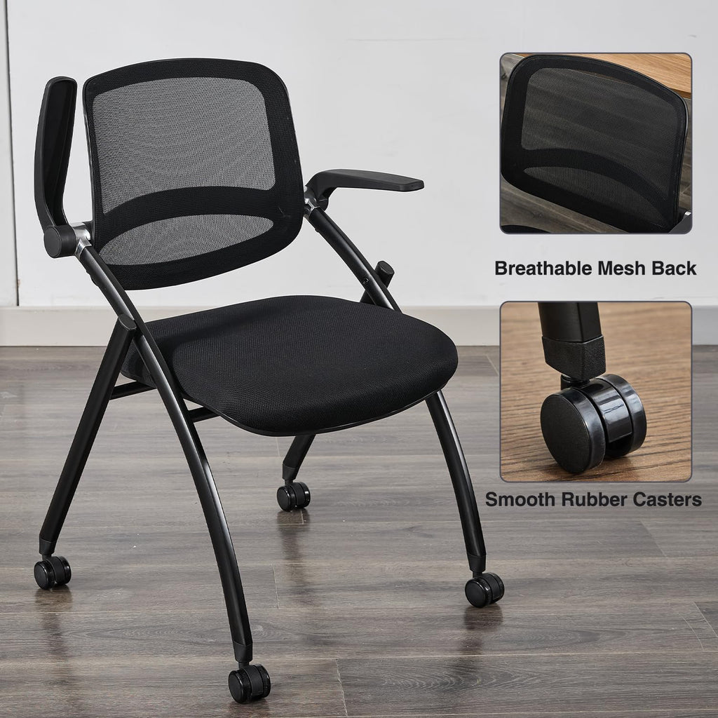 Folding Office Chair Flip Up Arm，Conference Room Chairs with Wheels, Foldbable Office Desk Chair with Adjustable Back Rest for Training Room, Guest Reception Chair (Black)