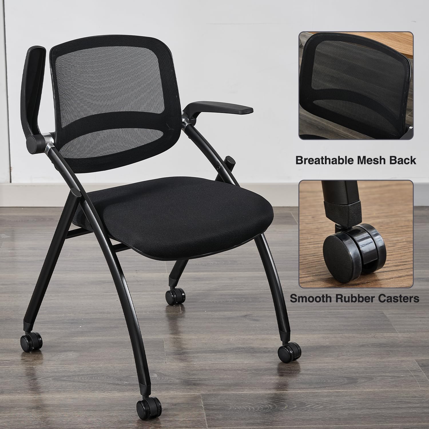 Folding Office Chair Flip Up Arm，Conference Room Chairs with Wheels, Foldbable Office Desk Chair with Adjustable Back Rest for Training Room, Guest Reception Chair (Black)