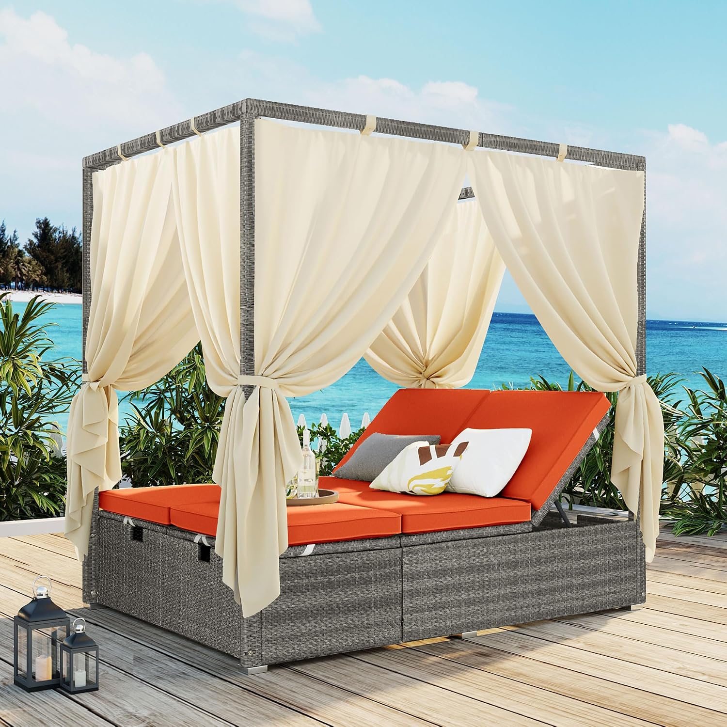 LUMISOL Outdoor Daybed with Canopy, Adjustable Outdoor Sun Lounger with Multi-Position Recline & Removable Cushion for Patio, Garden, Poolside, Orange