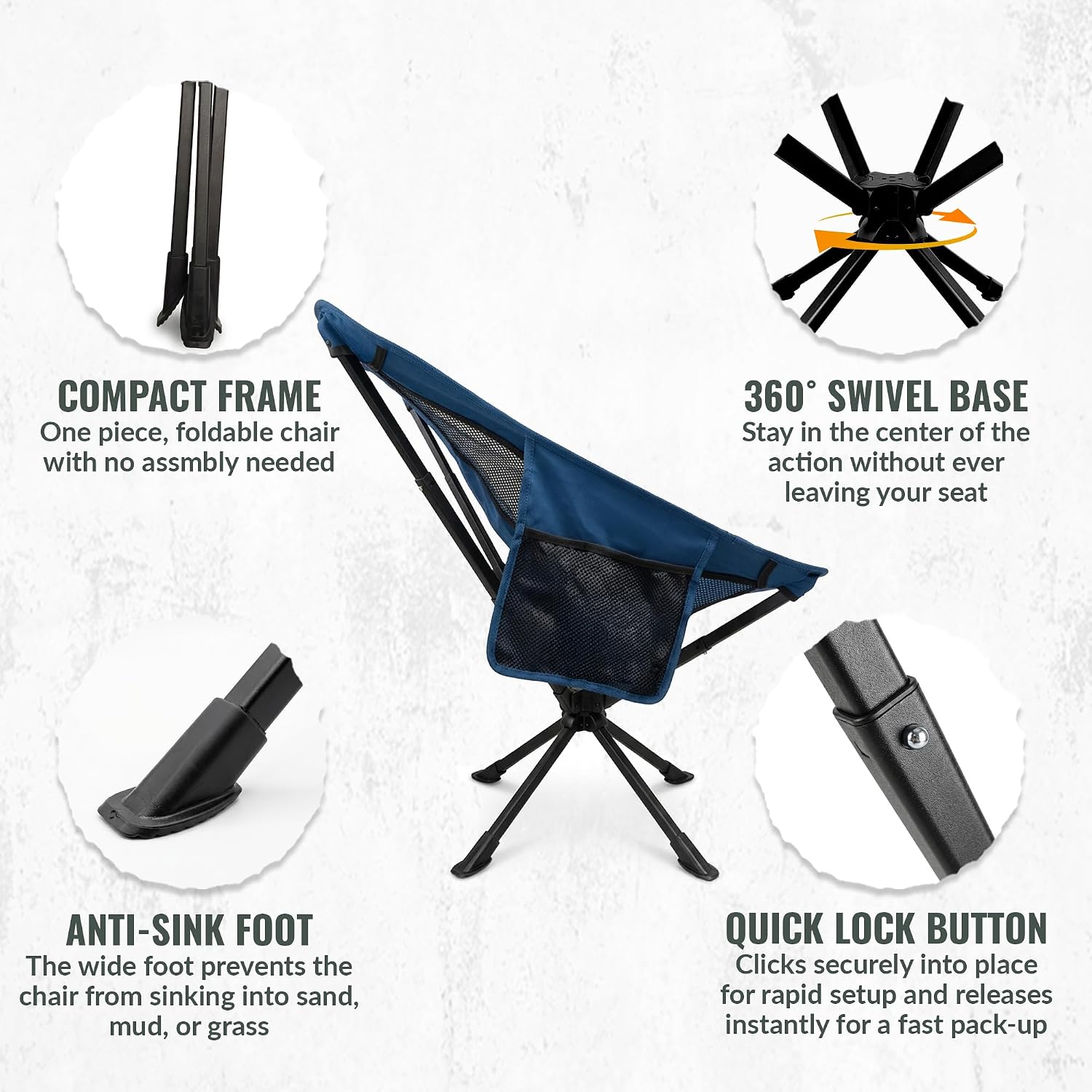 360° Rotation Swivel Camping Chair- Holds 330lb, Small Portable Folding Chair, Ultralight 4lb Compact Backpack Chair with Carry Bag & Side Pocket for Camping, Hiking, Beach, Fishing, Hunting