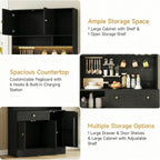 YOURLITE LED Pantry Cabinets with Pegboard, Kitchen Pantry Storage Cabinet with Outlet & Microwave Stand, Kitchen Hutch Coffee Bar with 5 Hooks and Adjustable Shelf, Black