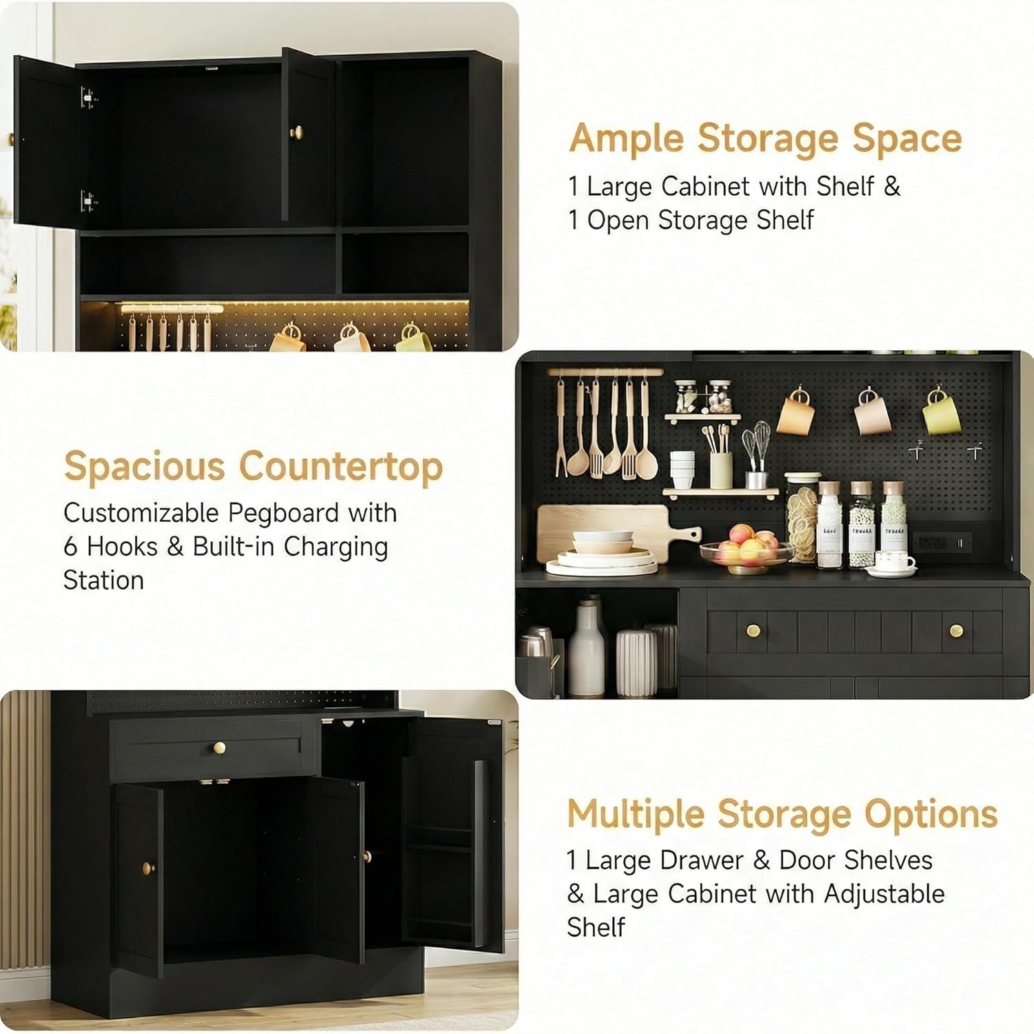 YOURLITE LED Pantry Cabinets with Pegboard, Kitchen Pantry Storage Cabinet with Outlet & Microwave Stand, Kitchen Hutch Coffee Bar with 5 Hooks and Adjustable Shelf, Black