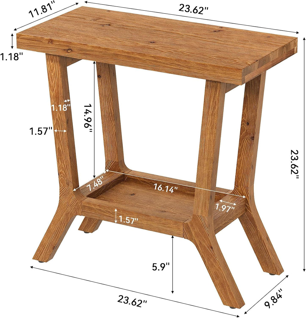 Solid Wood End Table, Small Wooden Side Table with 2-Tier Storage, Narrow Rustic Bedside Nightstand for Living Room, Bedroom, Small Places, Brown (2PCS)