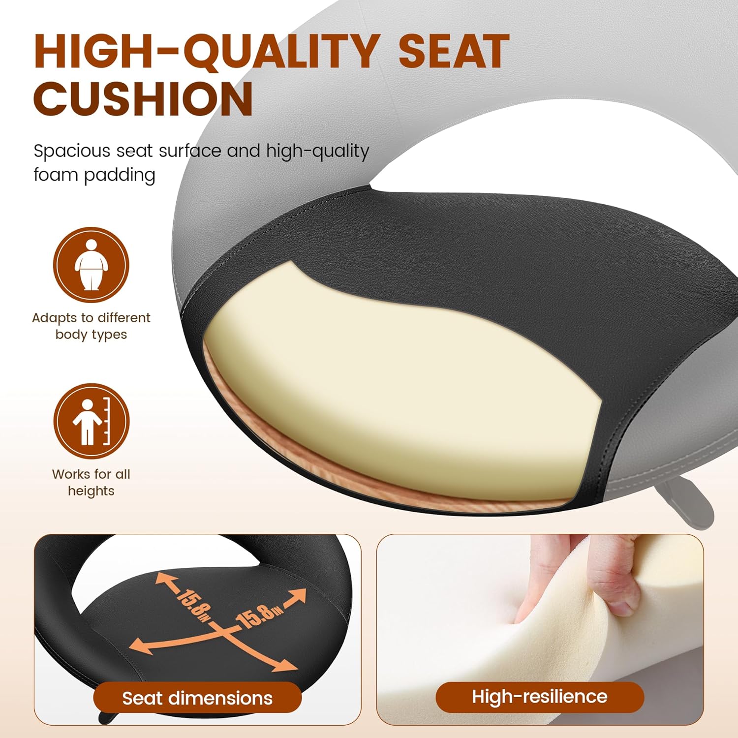 Ergonomic Drafting Chair for Standing Desk, Height Adjustable Rolling Stool with Foot Rest, Tall PU Leather Chair with Wheels and Back Support for Home Office Kitchen Counter, Black