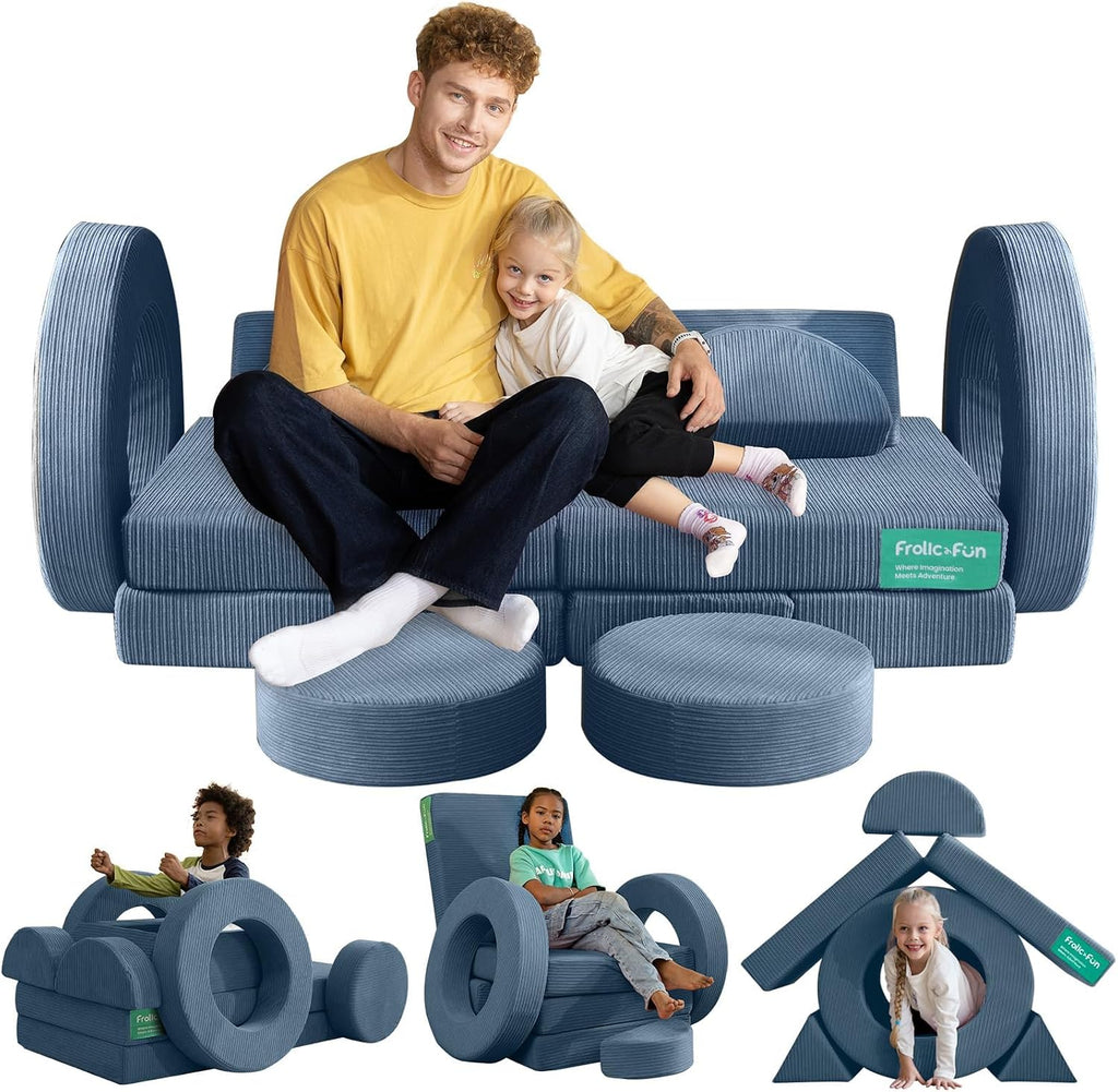 Frolic & Fun 16Pcs Modular Kids Play Couch for Toddlers, Fold Out Kids Couch Building Fort for Playroom Bedroom, Kid Convertible Explorer Sofa Cushions for Boys & Girls Navy Blue
