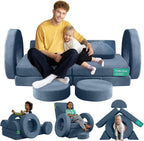 Frolic & Fun 16Pcs Modular Kids Play Couch for Toddlers, Fold Out Kids Couch Building Fort for Playroom Bedroom, Kid Convertible Explorer Sofa Cushions for Boys & Girls Navy Blue