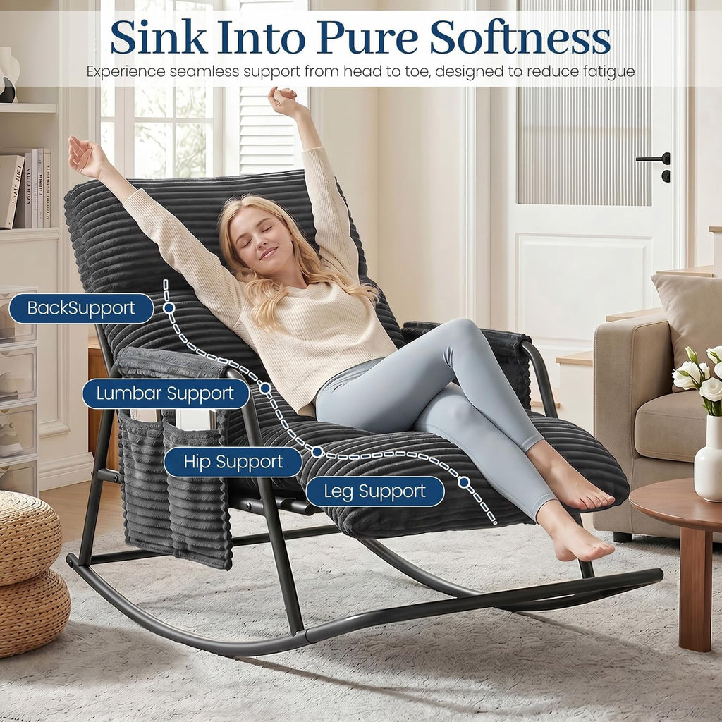 Oversized Outdoor Rocking Chair with Corduroy Cushions, 3-Level Adjustable Metal Patio Rocker with Footrest, Comfy Modern Lounge Chair for Porch, Balcony, Indoor (Gray)