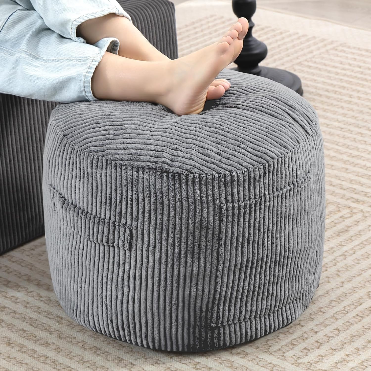 Round Stuffed Pouf Ottoman (Gray, 20" D x 20" W x 15" H) | Corduroy Foot Rest with Rebound Foam Filling, Furry and Fluffy Foot Stool Ottoman, Floor Poufs for Living Room