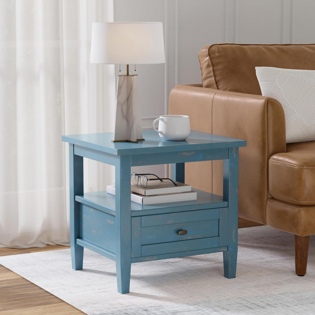 SIMPLIHOME Warm Shaker End Table - 20" Wide x 20" High Solid Wood Square Accent Table in Distressed Coastal Blue, Transitional Side Table for Living Room with Drawer, Open Shelf and Tapered Legs