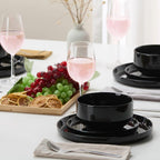 Vase and Vessel Ceramic Dinnerware Set, 12-Piece Service for 4, Soup Bowls (31.5 oz), Salad Plates (7.5"), Dinner Plates (10.5"), Round, Microwave and Dishwasher Safe, Black, Cambridge Classics