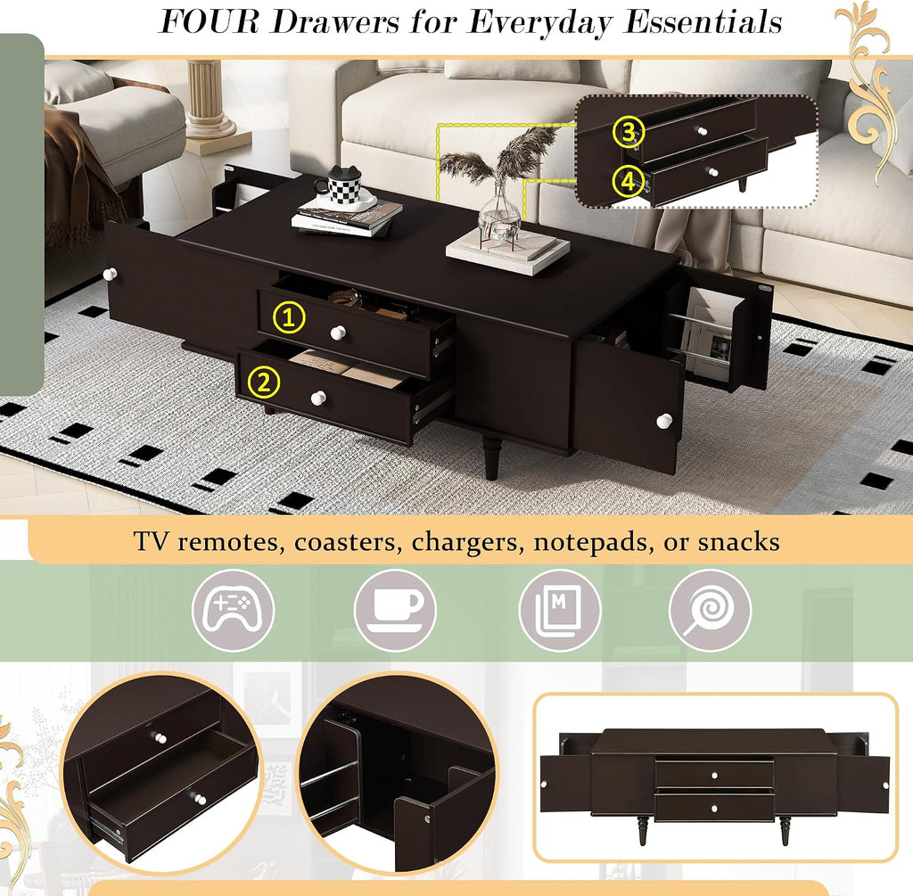 Modern Coffee Table with 4 Drawers, Hidden Side Table Compartments, Interior Shelves, Solid Wood Legs & Durable MDF Structure, End Table for Living Room, Kitchen, Dining Room & Bedroom, Easy Assembly