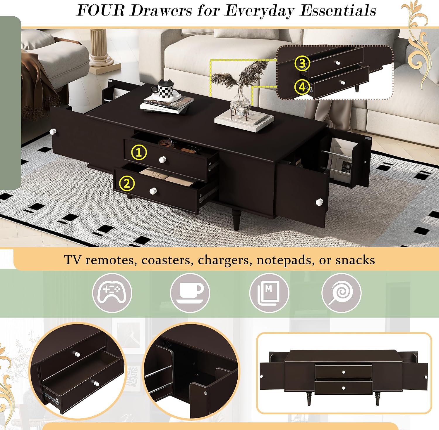 Modern Coffee Table with 4 Drawers, Hidden Side Table Compartments, Interior Shelves, Solid Wood Legs & Durable MDF Structure, End Table for Living Room, Kitchen, Dining Room & Bedroom, Easy Assembly