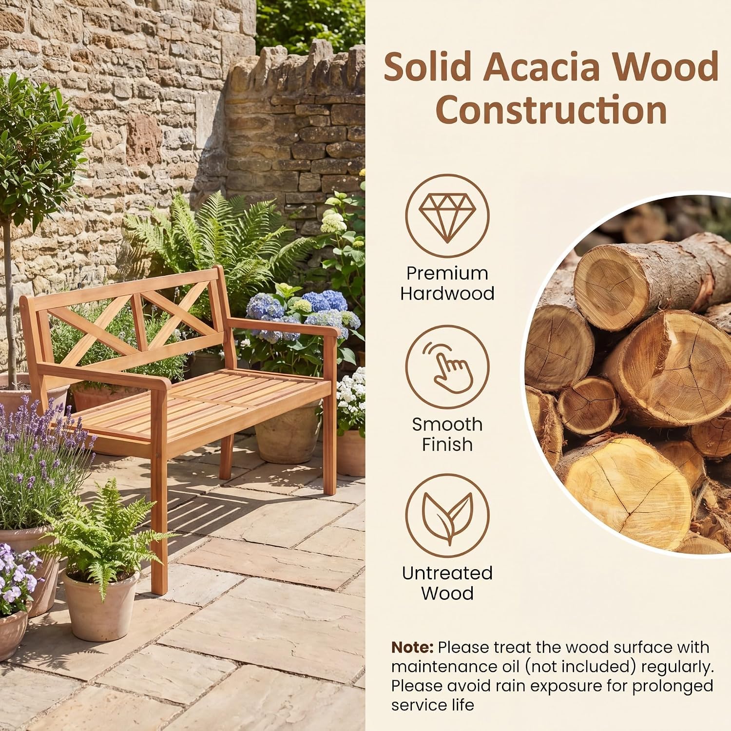 Giantex 2-Person Outdoor Bench, 47" Patio Acacia Wood Loveseat with Slatted Seat, Armrests & X-Shaped Backrest, Wooden Garden Seating for Backyard, Porch, Deck, Poolside