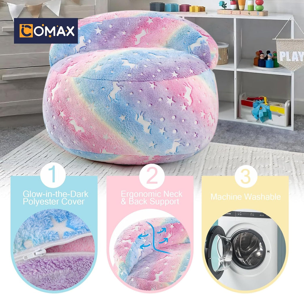 COMAX Bean Bag Chair for Kids, Unicorn Convertible Toddler Beanbag Bed, Children Bean Chair Stuffed to Floor Mattress with Filler, Colorful Rainbow