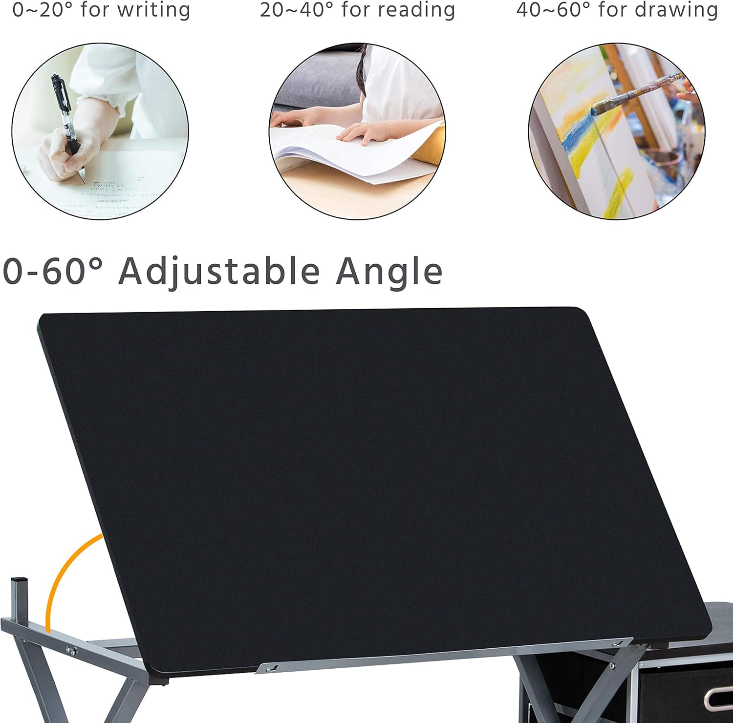 Yaheetech Drafting Desk, Drawing Table for Artists/Adults, Art Desk w/Stool and 3 Slide Drawers, Painting Studio Design Work Station, Adjustable Tabletop, Modern, 50.5 x 24 x 45 inch