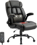 Massage Office Chair, 500LBS Ergonomic Rocking Executive Desk Chairs with 4 Points Vibration&Heat,Padded Flip-up Armrests for Big and Tall Office Chair,Swivel Computer Chair Thicken, PU Black