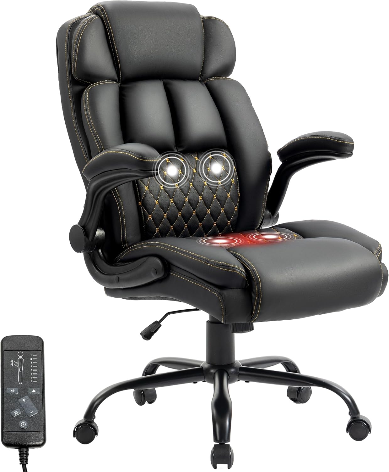 Massage Office Chair, 500LBS Ergonomic Rocking Executive Desk Chairs with 4 Points Vibration&Heat,Padded Flip-up Armrests for Big and Tall Office Chair,Swivel Computer Chair Thicken, PU Black