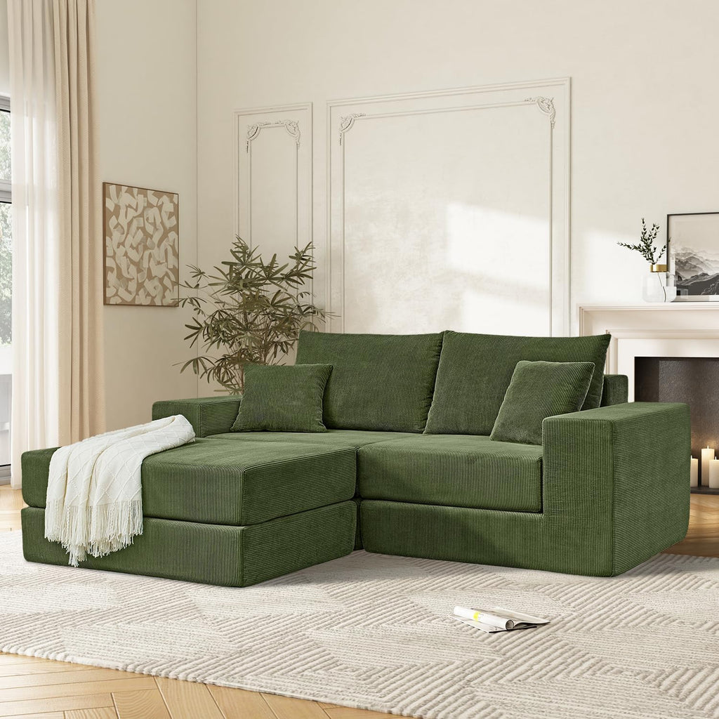 80" Sectional Couches for Living Room,Customizable Boneless Couch, Convertible Modular Sectional Sofa Bed, Plush Corduory Sleeper Sofa, Folding Futon L Shaped Couch No Assembly(Green)