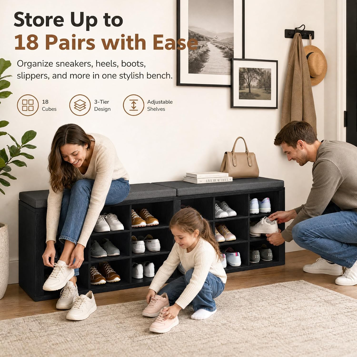 Shoe Storage Bench with Padded Seat, 18-Cubby Shoe Organizer for Entryway, 59.1" Long 700 lb Capacity, for Living Room, Bedroom, Hallway (Blackboard with Dark Gray, Linen, Sponge)