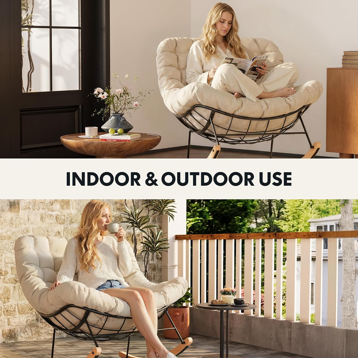 FLEXISPOT Oversized Outdoor Rocking Chair with Thick Cushioned Seat & Bonus Pillow Modern Patio Papasan Rocker Lounge Chair with Metal Frame Wood Base Accent Chair for Porch Balcony Living Room Beige