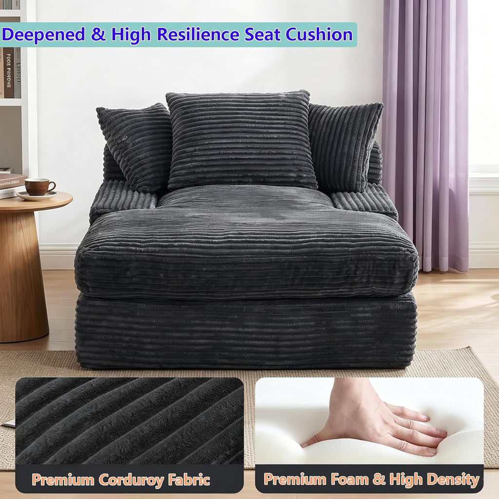 Vipbear Premium 69" Oversized Chaise Lounge Chair Indoor, Corduroy Cloud Boneless Sofa Bed Couch with Pillows&Wide Armrests for Living Room, Gray