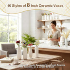 10-Piece 8 Inch White Ceramic Vases Set - Minimalist White Vases for Home Decor, Weddings, Pampas Grass & DIY Crafts | Rustic Matte White Ceramic Vases Bulk