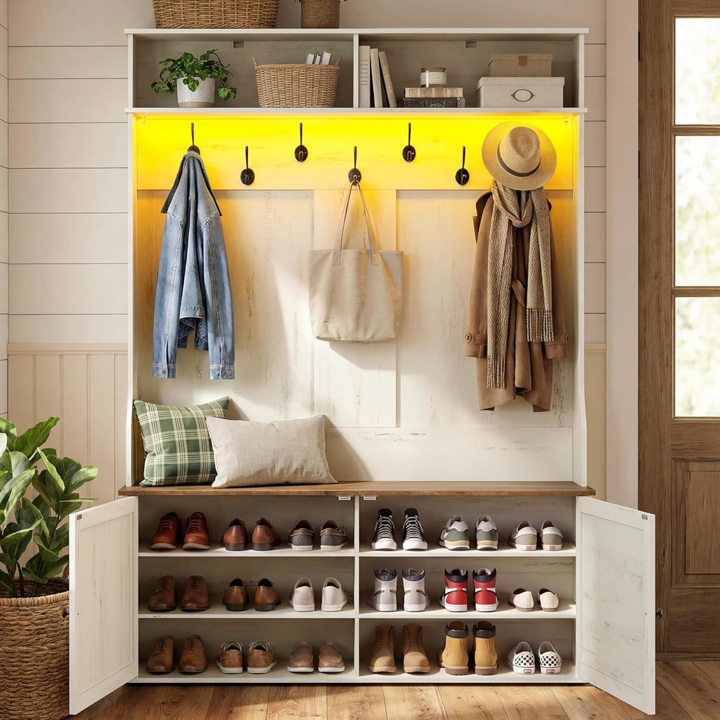 VASAGLE Hall Tree with Bench and Shoe Storage, 5-in-1 Coat Rack with Shoe Bench, Adjustable LED Light, 7 Double Hooks, Farmhouse Entryway Furniture, Rustic White UHSR653WJ03S