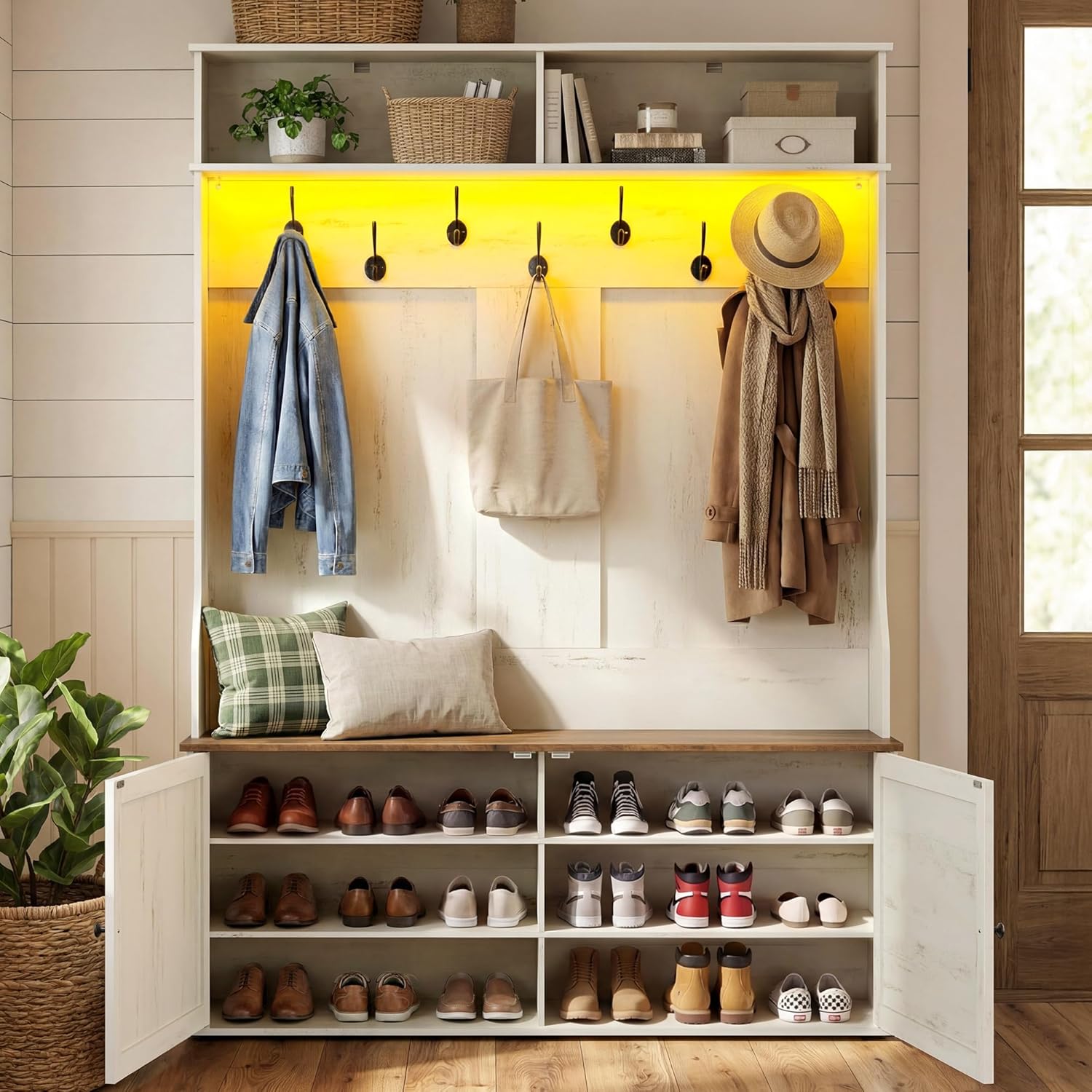 VASAGLE Hall Tree with Bench and Shoe Storage, 5-in-1 Coat Rack with Shoe Bench, Adjustable LED Light, 7 Double Hooks, Farmhouse Entryway Furniture, Rustic White UHSR653WJ03S