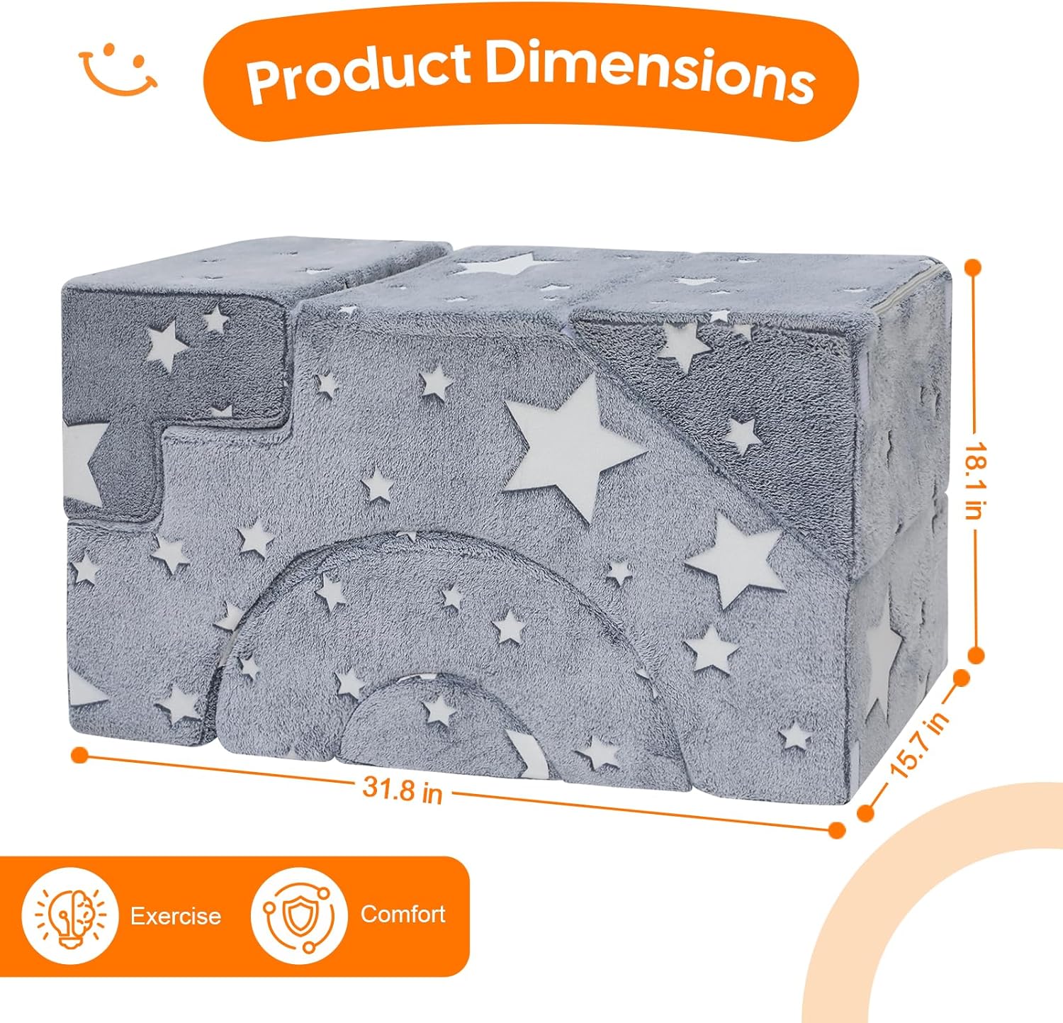 MeMoreCool Toddler Foam Climbing Couch – Modular Kids Sofa with Slide & Stairs | Convertible Sectional Play Couch for Babies & Toddlers, Glow‑in‑the‑Dark Stars, Soft Foam Playroom Furniture