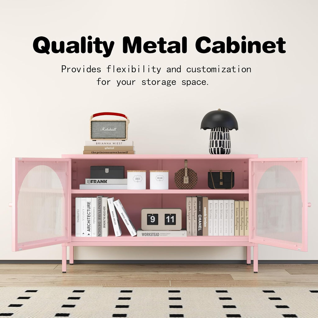 Metal TV Stand, Accent Storage Cabinet with 2 Acrylic Doors, Pink Locker Cabinet with Adjustable Shelf, Side Cabinet for Home,Office,Entryway,Dining/Living Room,Bedroom,Pink