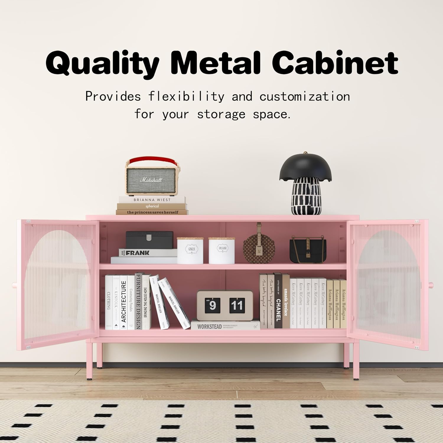 Metal TV Stand, Accent Storage Cabinet with 2 Acrylic Doors, Pink Locker Cabinet with Adjustable Shelf, Side Cabinet for Home,Office,Entryway,Dining/Living Room,Bedroom,Pink