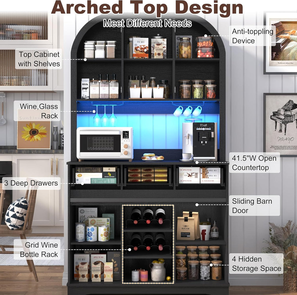 72" Tall Arched Pantry Cabinet w/Power Outlet,LED Lights, 42"W Modern Farmhouse Kitchen Hutch Coffee Bar Storage Cabinet w/Sliding Barn Door,3 Drawers,Glass Door, Versatile Cupboard,for Kitchen
