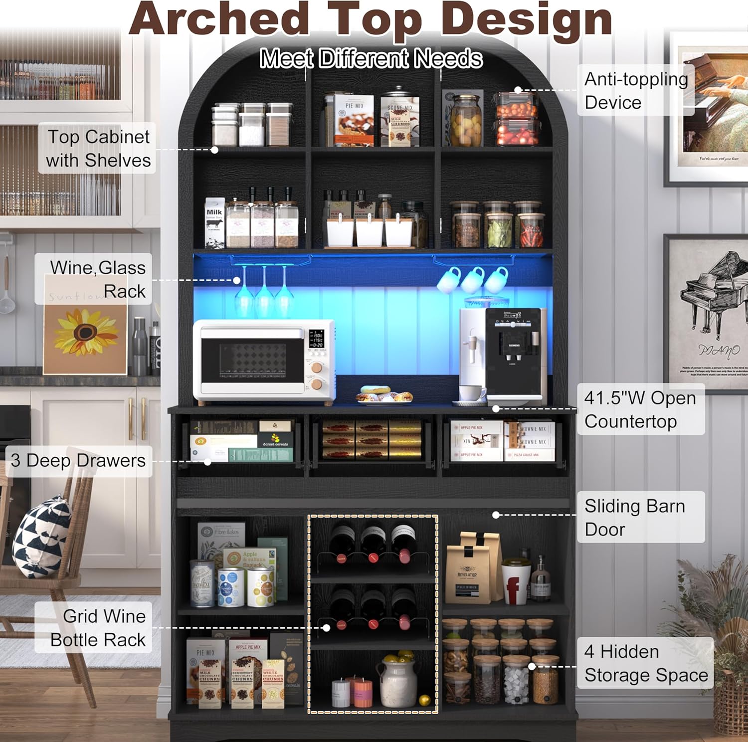 72" Tall Arched Pantry Cabinet w/Power Outlet,LED Lights, 42"W Modern Farmhouse Kitchen Hutch Coffee Bar Storage Cabinet w/Sliding Barn Door,3 Drawers,Glass Door, Versatile Cupboard,for Kitchen
