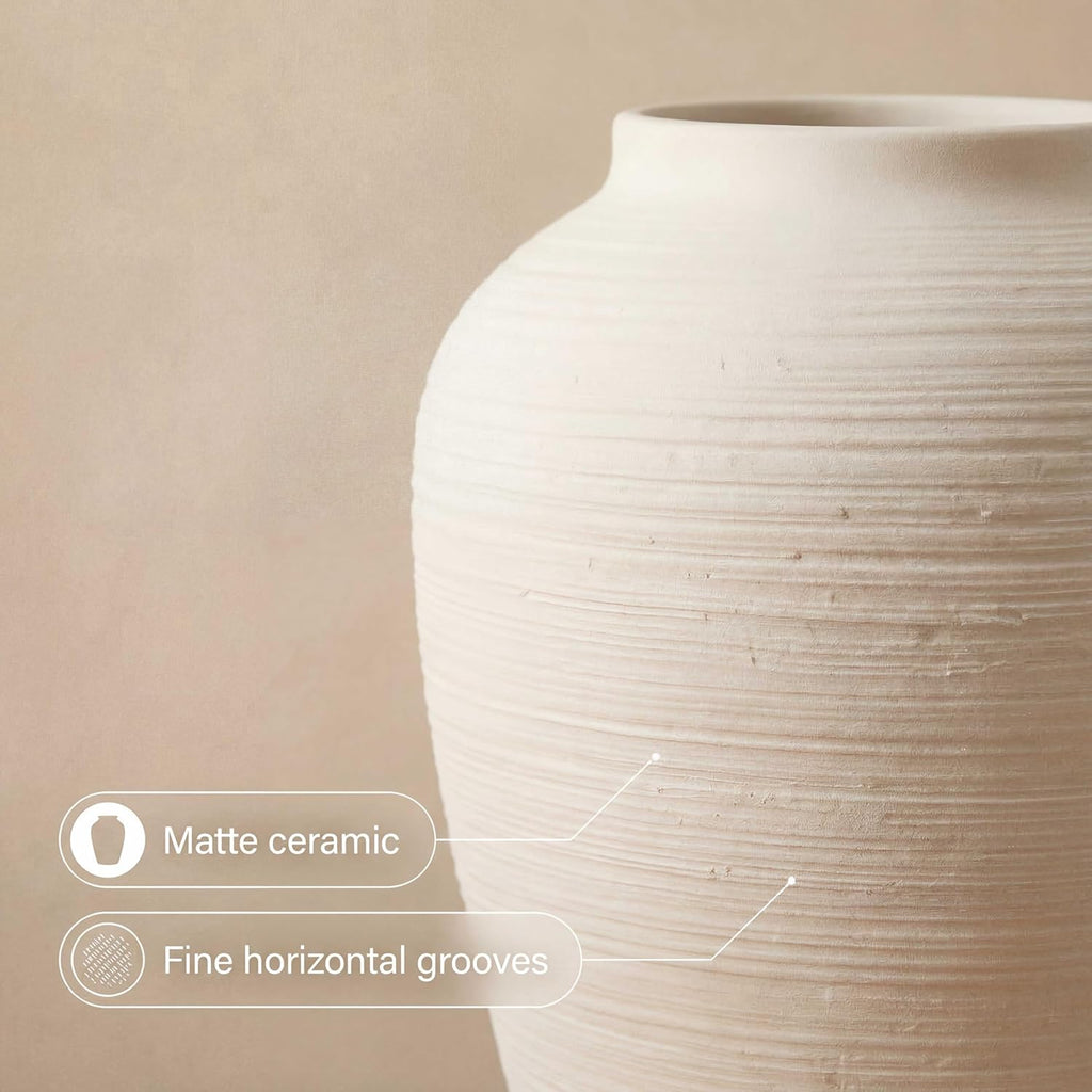 Off-White 12.6” Ceramic Vase for Home Decor, Farmhouse & Boho Decorative Pottery Vase for Table Centerpiece, Mantel, Shelf, Living Room, Kitchen, and Entryway (White Ribbed - 12.6" Tall)